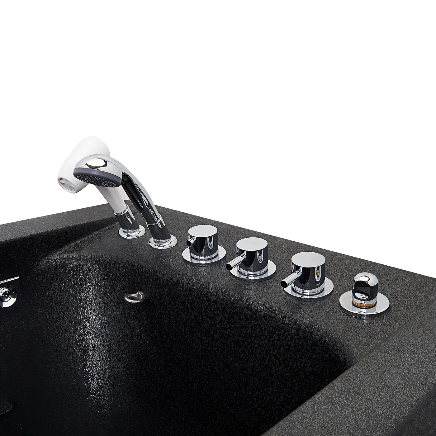 Hand-held shower and a row of chrome control knobs on the rim of the black pet tub