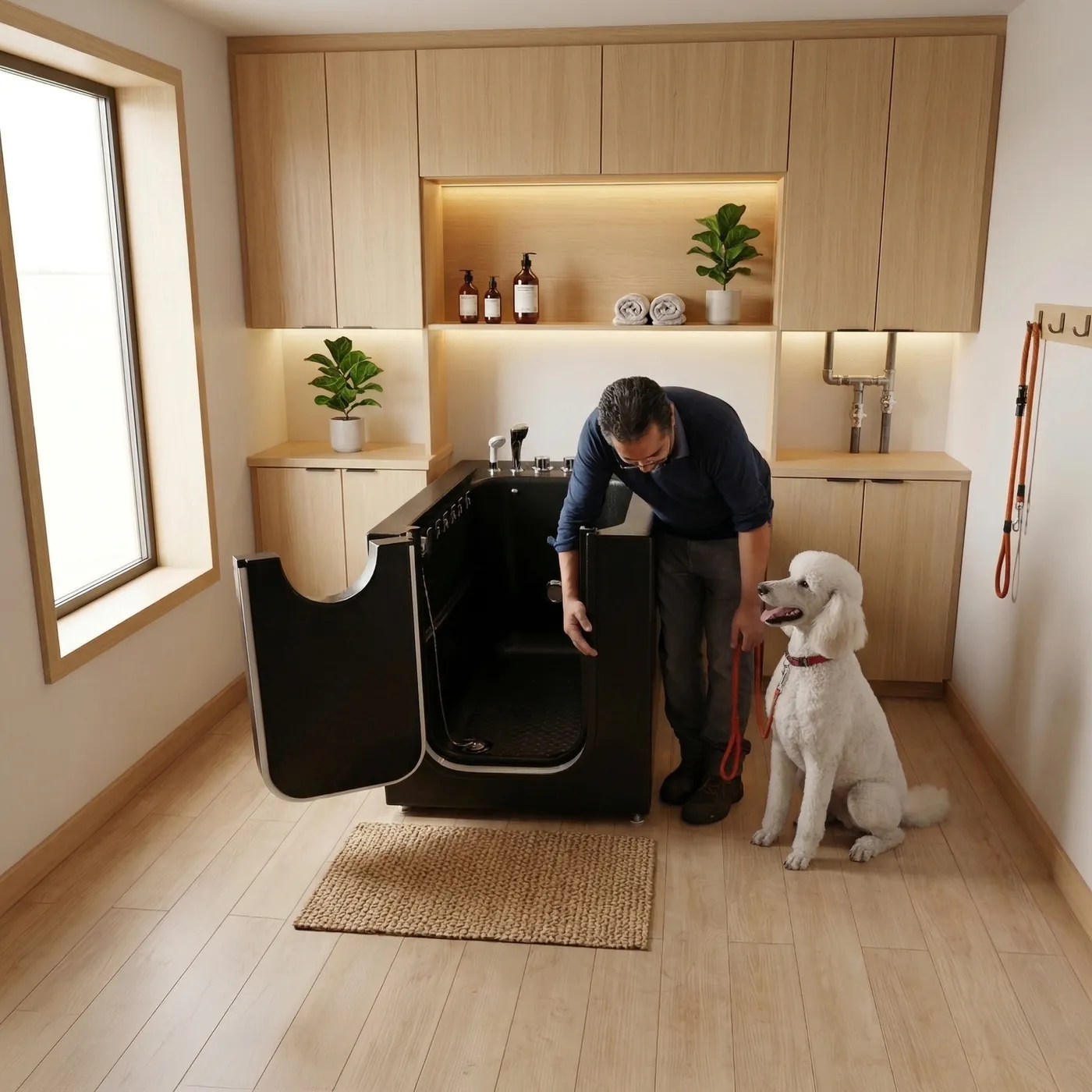 A man greets a white poodle beside a black walk-in pet spa tub in a bright home mudroom