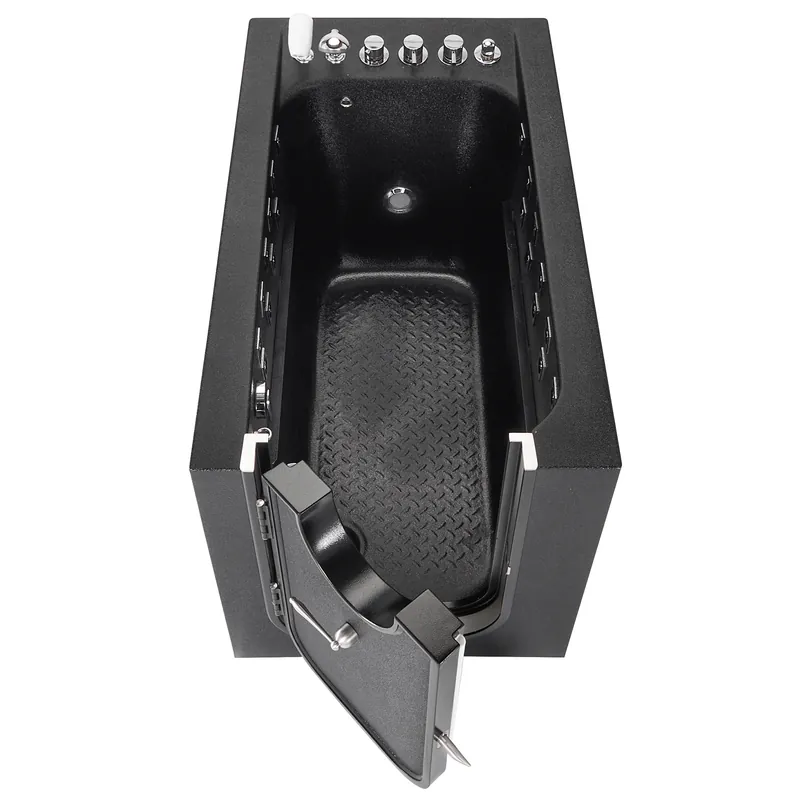 Black walk-in dog tub with its side door lowered to the floor as an entry ramp