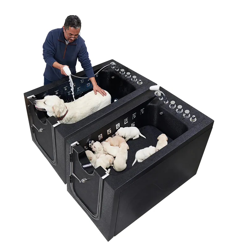 Two side-by-side pet tubs, one with a large white dog being rinsed and one with a litter of puppies